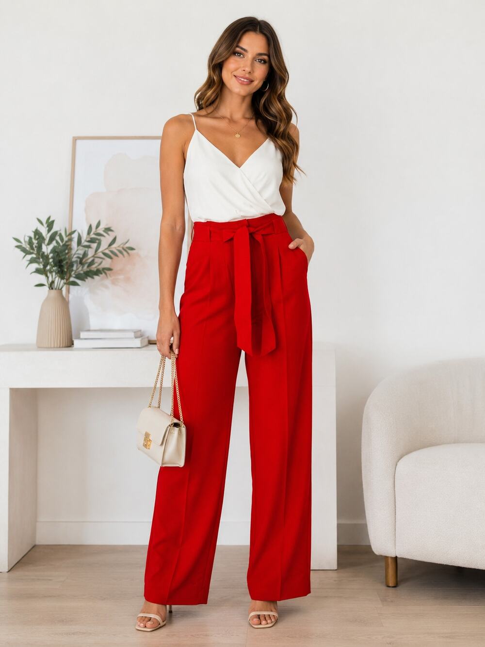 Boden Melina Trousers Red Wide Leg Tie Waist Size 6 NWT